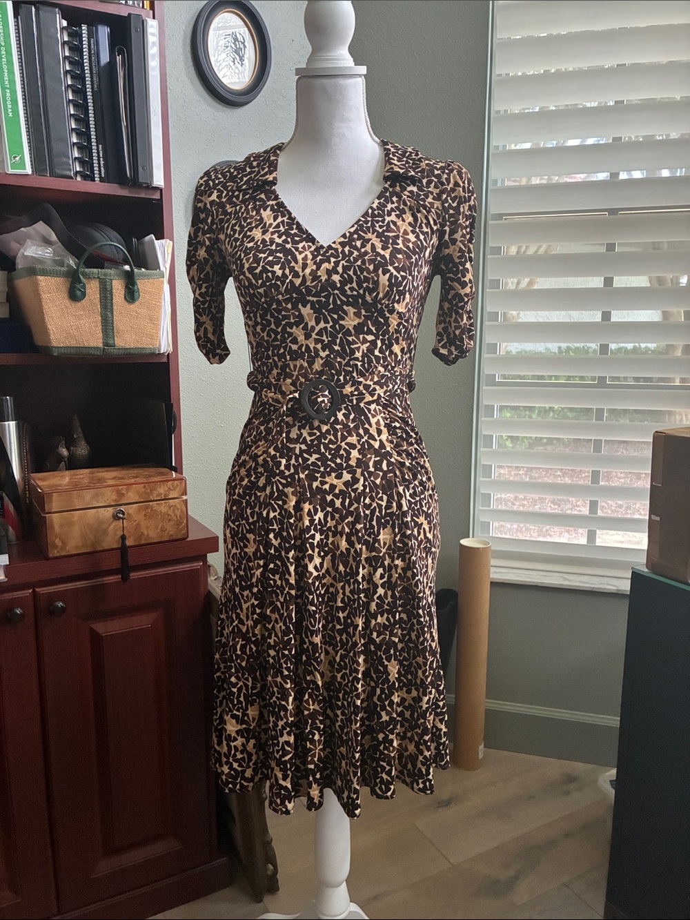 Nanette Lepore Brown & Tan Printed V-Neck Belted Midi Dress
